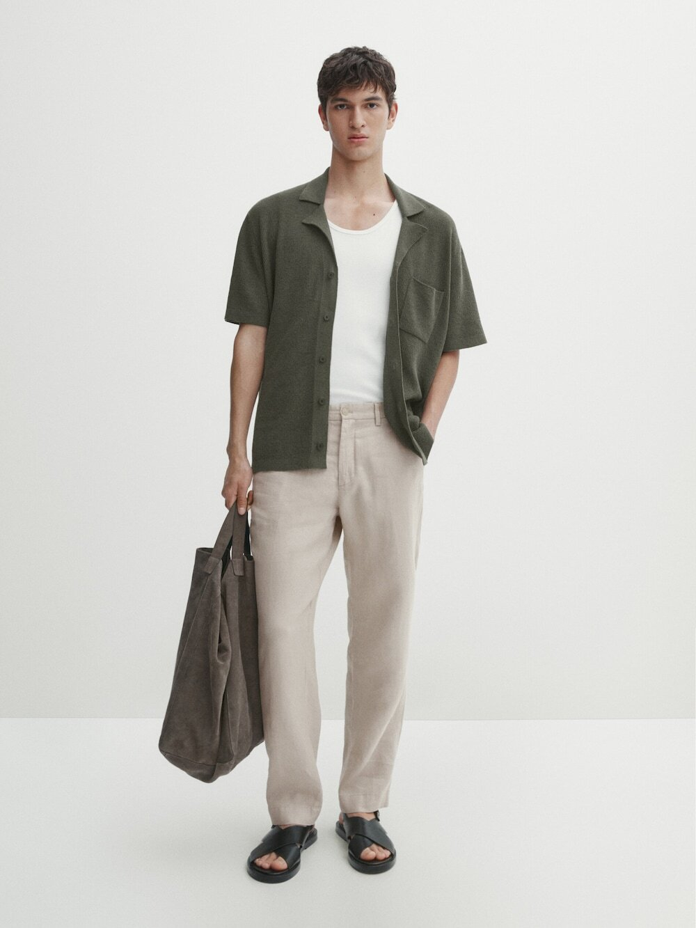 Massimo Dutti Вязаный кардиган с короткими рукавами и пуговицами, хаки