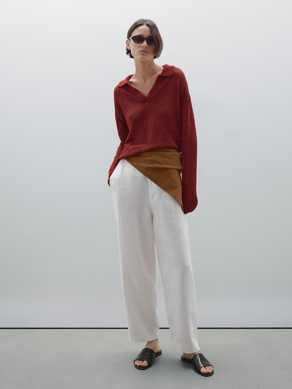 Massimo Dutti Свитер из 100% льна с воротником поло, бургундский