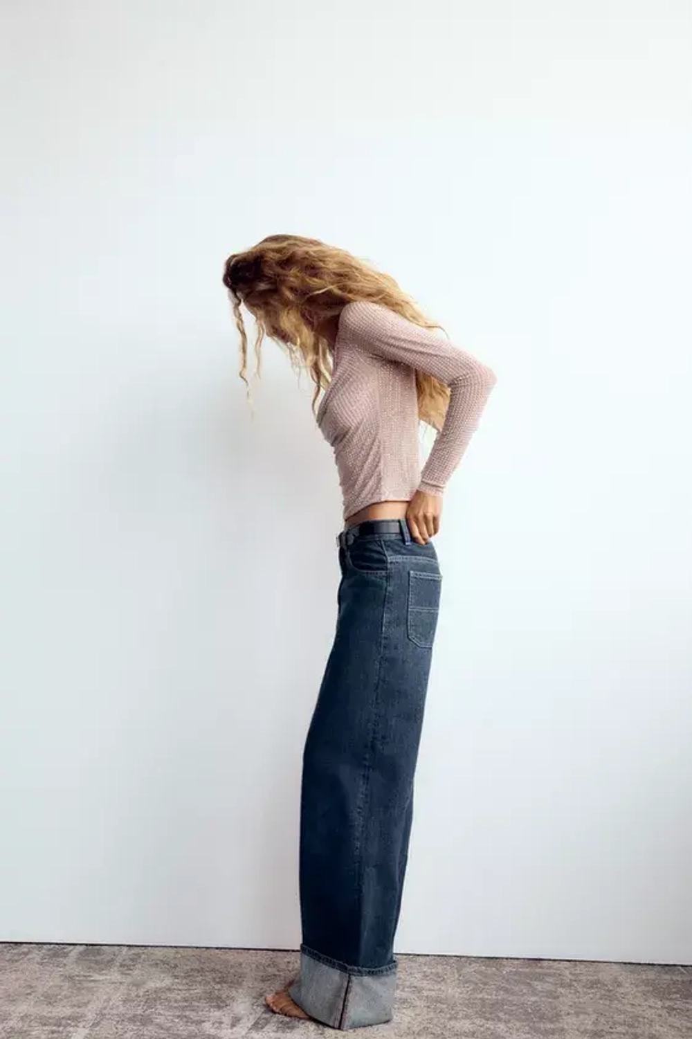 ZARA ТОП ИЗ ПОЛУПРОЗРАЧНОЙ ТКАНИ СО СТРАЗАМИ, ТЕЛЕСНО-РОЗОВЫЙ