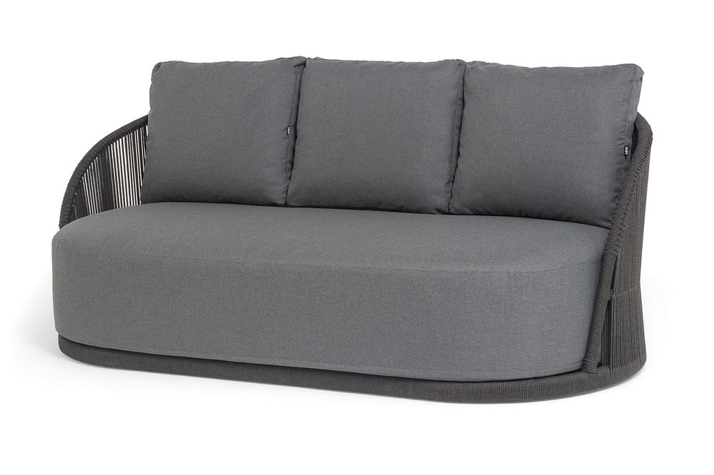 "Монтелла" диван 3-местный плетеный из роупа, каркас алюминий темно-серый (RAL7024) муар, роуп темно-серый круглый, ткань темно-серая 027