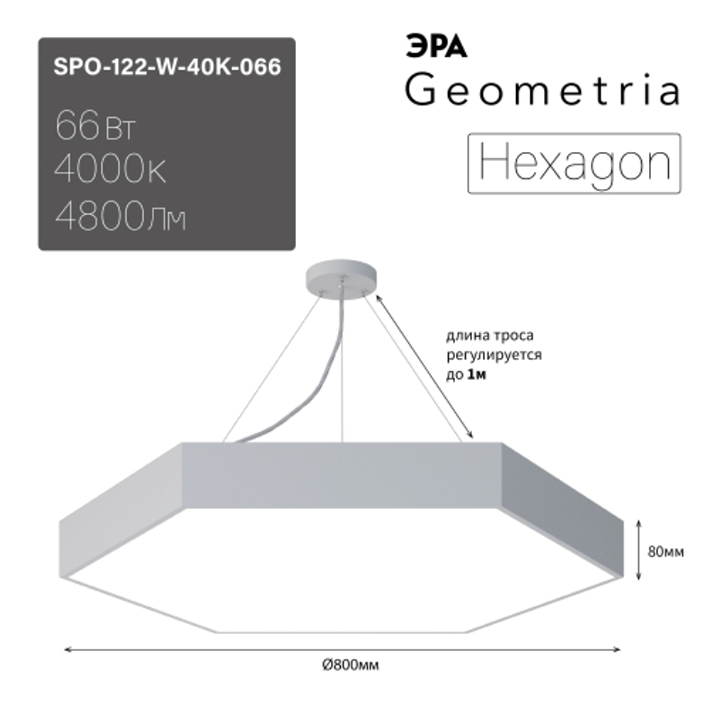 Светильник LED ЭРА Geometria SPO-122-W-40K-066 Hexagon 66Вт 4000К 5300Лм IP40 800*800*80 белый подвесной
