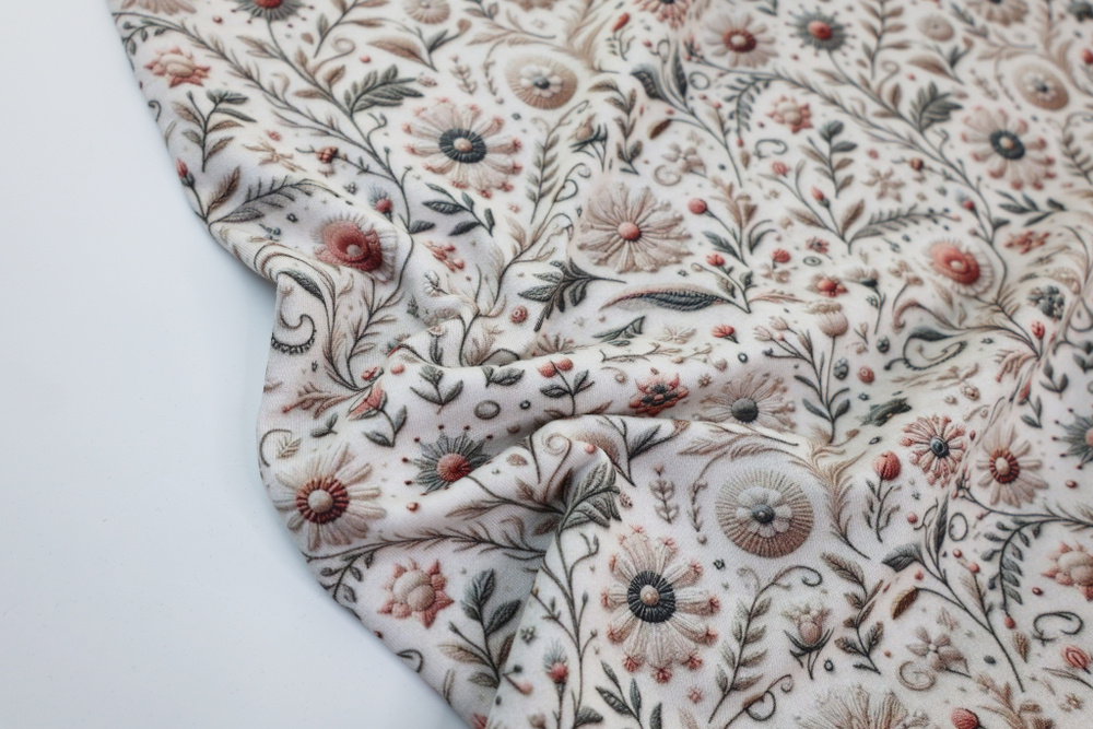 ВЫШИТЫЕ ЦВЕТЫ НА КРЕМОВОМ - Футер 2х-нитка с лайкрой, компакт пенье (ДЖ69 Маша)