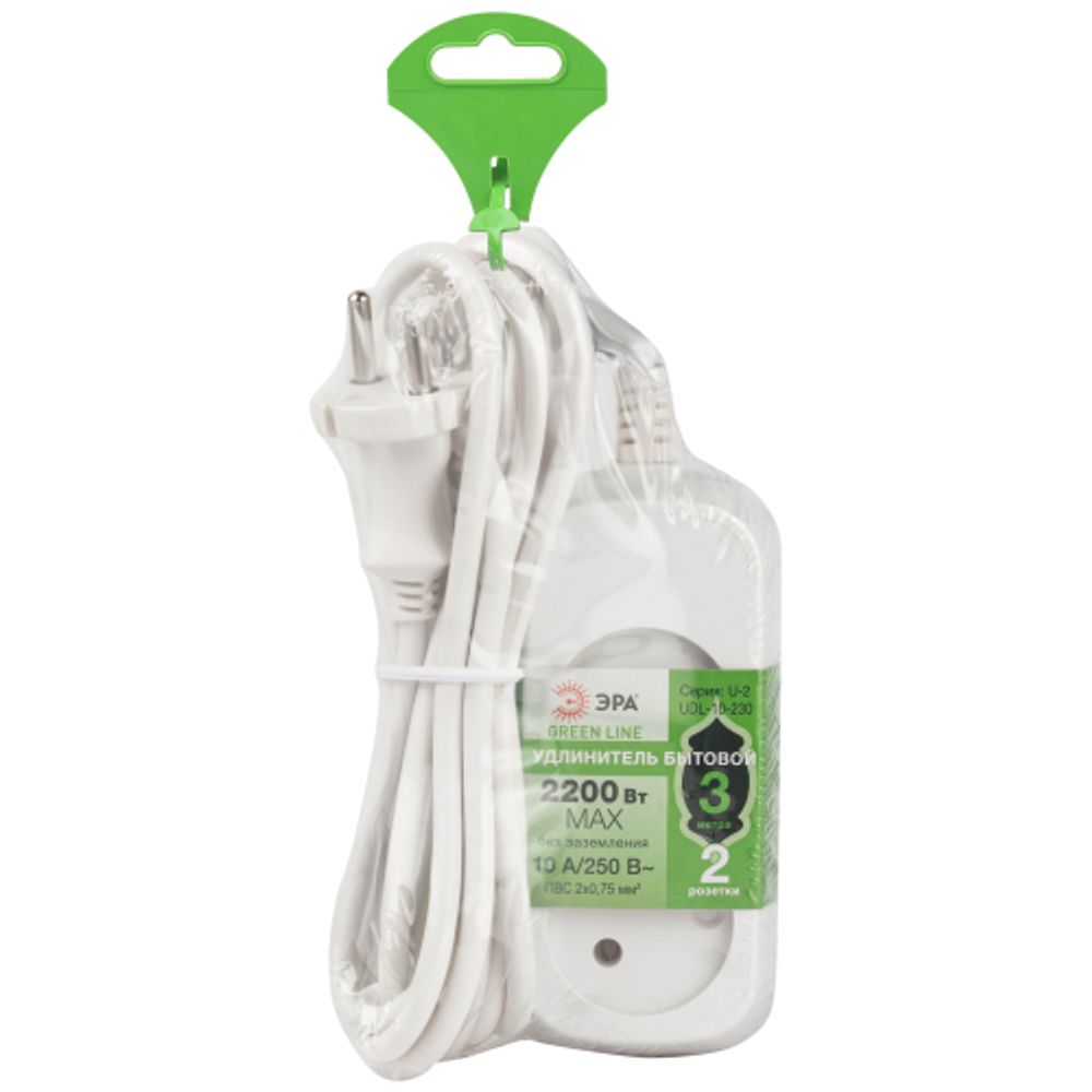 Удлинитель электрический ЭРА UDL-10-230 Greenline 2 розетки без заземления 3м ПВС 2x0.75мм2
