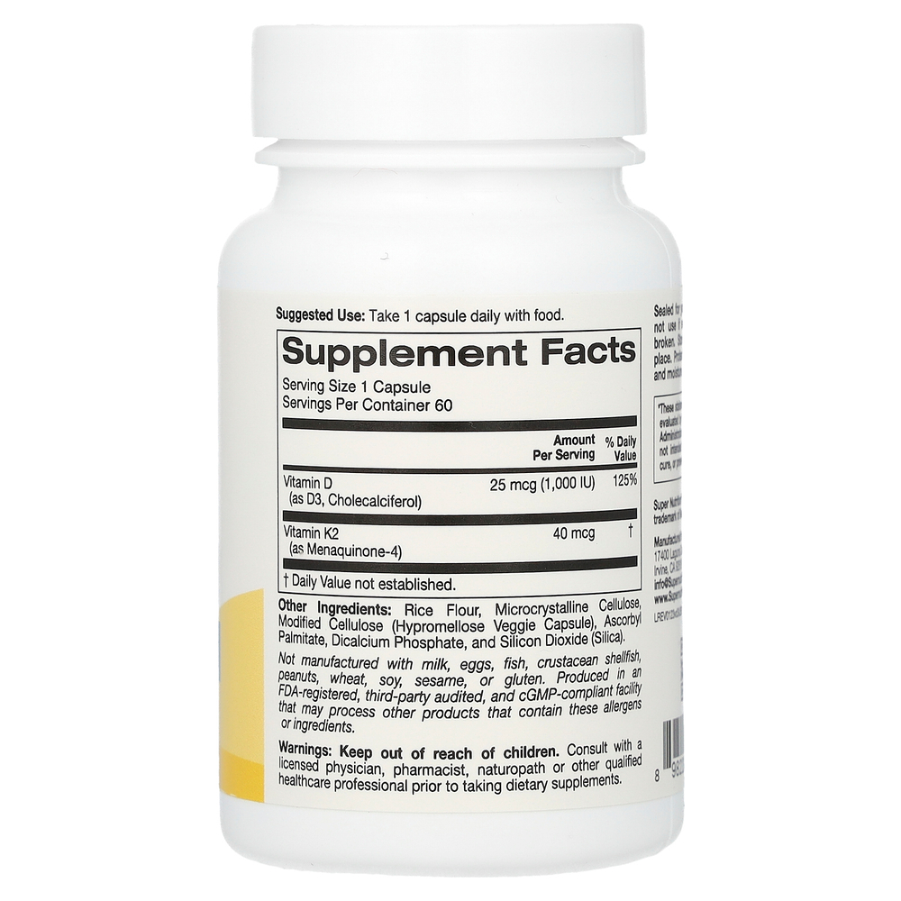 Super Nutrition, витамины D3 и К2, 60 растительных капсул