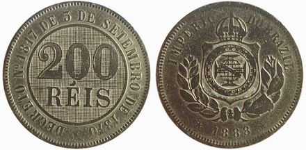 Бразилия 200 реалов, 1886 - 1889 Герб VF