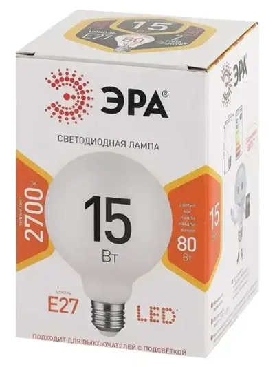 Лампочка светодиодная ЭРА LED Е27 15 Вт P45 шар 2700К теплый белый свет 1 штука