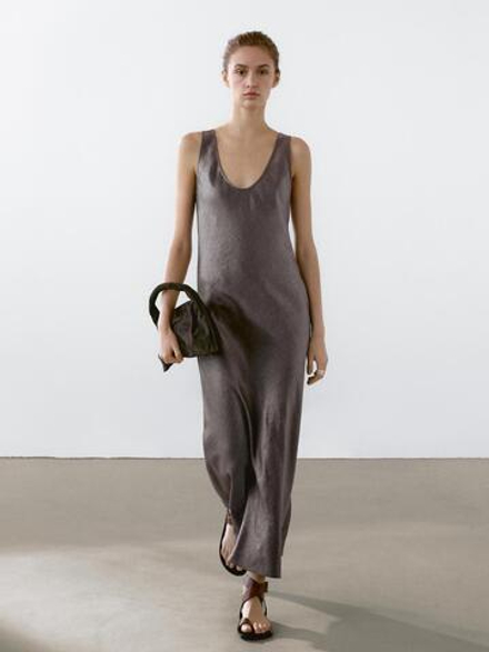 Massimo Dutti Платье миди из смесового льна, серебряный