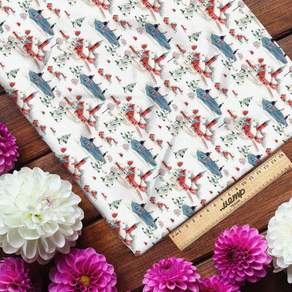 Ткань лен зимняя деревушка