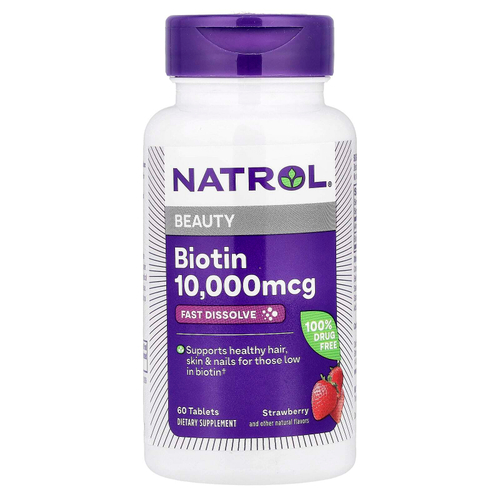 Natrol, быстрорастворимый биотин, максимальная эффективность, клубника, 10 000 мкг, 60 таблеток