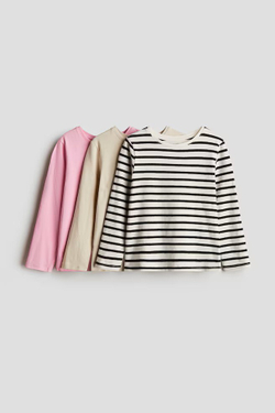 H&M Набор из трех хлопковых футболок с длинными рукавами, розовый