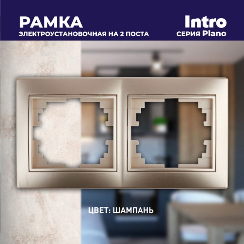 Рамка для розеток и выключателей Intro Plano 1-502-04 на 2 поста горизонтальная, СУ, шампань