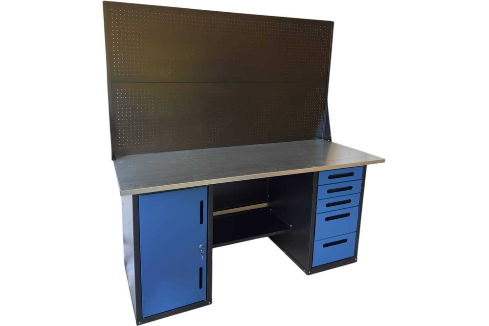 Верстак GWT-V1800B5 Great Wolf - двухтумбовый, 5 ящиков, тумба с дверью, два экрана, синий 1800x700мм