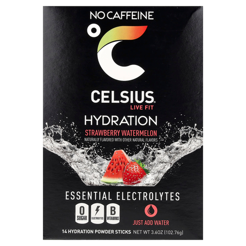 Celsius, Live Fit, увлажнение, незаменимые электролиты, без кофеина, клубника и арбуз, 14 порошковых стиков для увлажнения, по 7,28 г (0,26 унции)