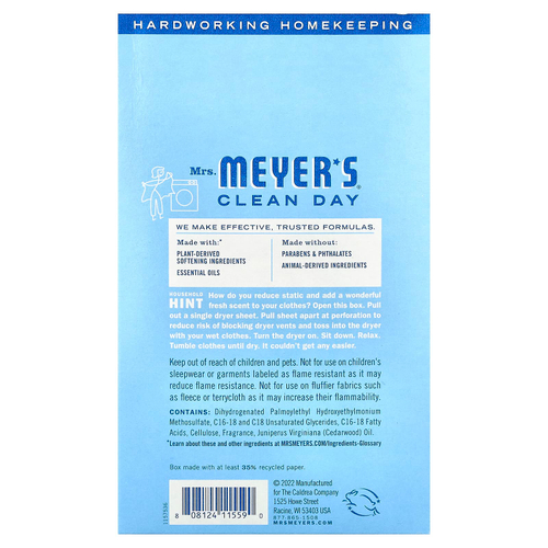 Mrs. Meyers Clean Day, Простыни для сушки, дождевая вода`` 80 листов