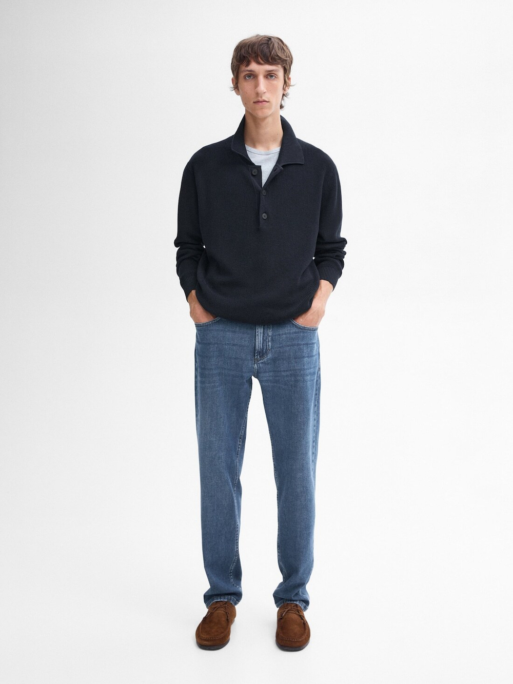 Massimo Dutti Хлопковый свитер с воротником поло, темно-синий