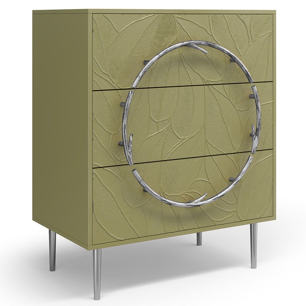 Комод Арт Колор leaves с 3-мя ящиками Стайл Сильвер Зеленая олива