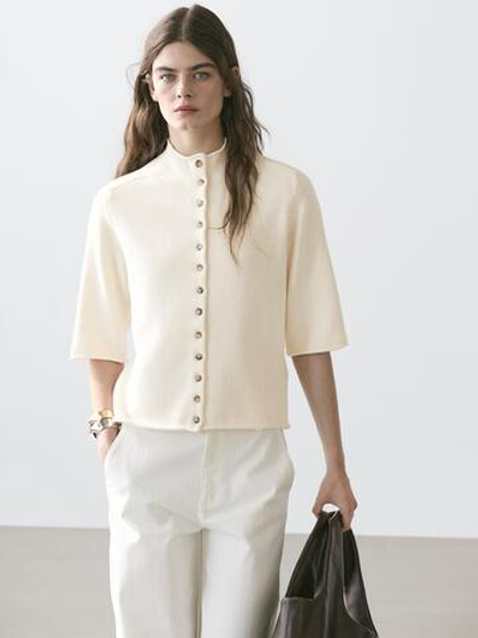 Massimo Dutti Вязаный кардиган с короткими рукавами, бежевый