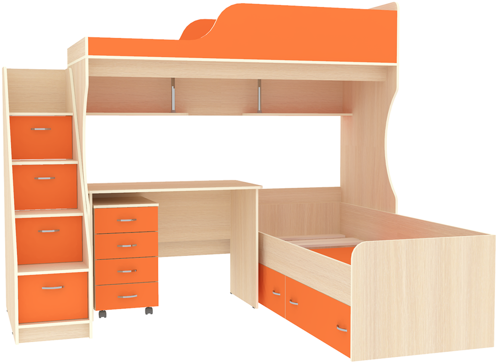 Двухъярусная кровать КарИВи Дуэт-5 с лестницей Комод КарИВиом  Дуб Молочный Оранжевый