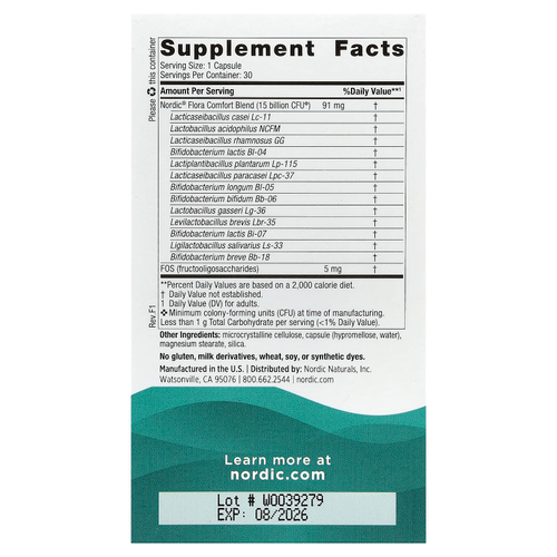 Nordic Naturals, Nordic Flora Probiotic, Comfort, 15 млрд КОЕ, 30 капсул
