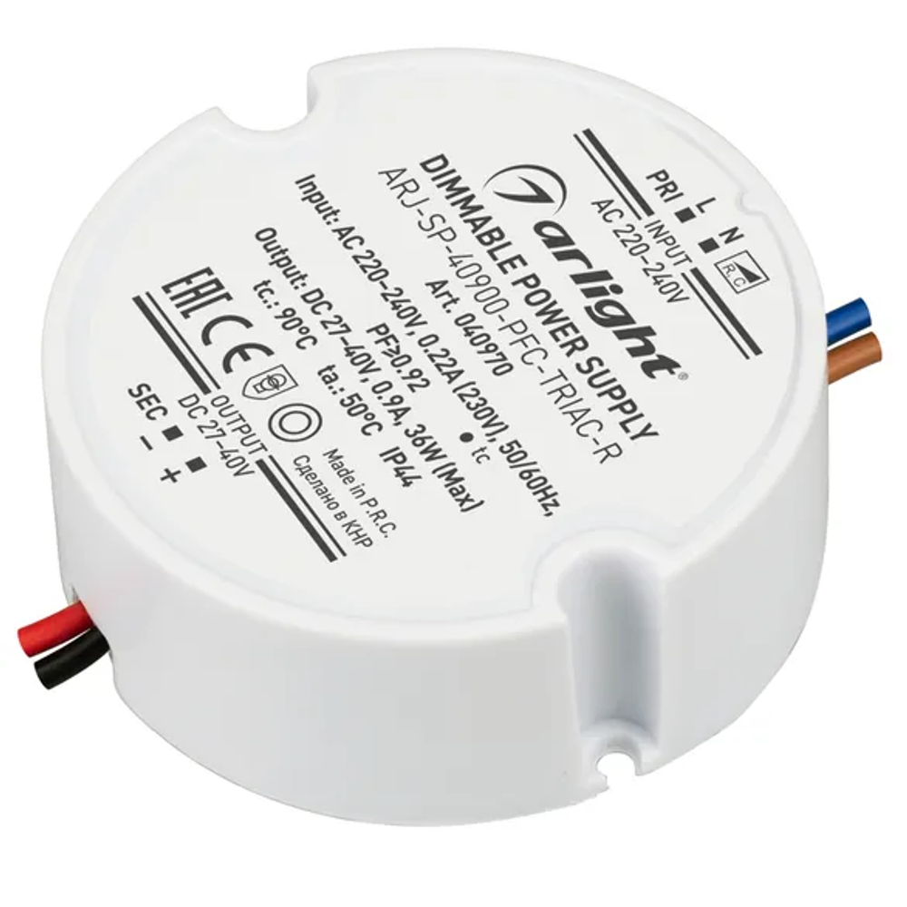 Блок питания ARJ-SP-40900-PFC-TRIAC-R (36W, 27-40V, 900mA) (Arlight, IP44 Пластик, 5 лет) 040970
