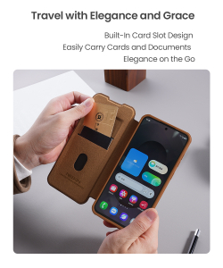 Кожаный чехол книжка коричневого цвета от Nillkin для смартфона Samsung Galaxy S25 Edge, серия Qin Pro Leather с сдвижной защитной шторкой для камеры