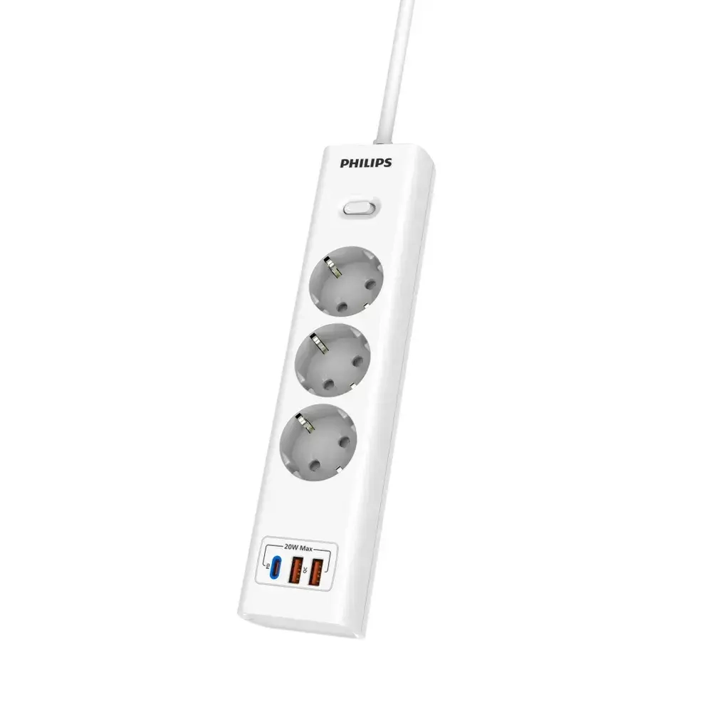 Сетевой фильтр удлинитель Philips CHP4336WA/51 с тремя стандартными розетками EU, 2 USB-A, Type-C, с заземлением и защитой от перегрузок, 2 м, белый