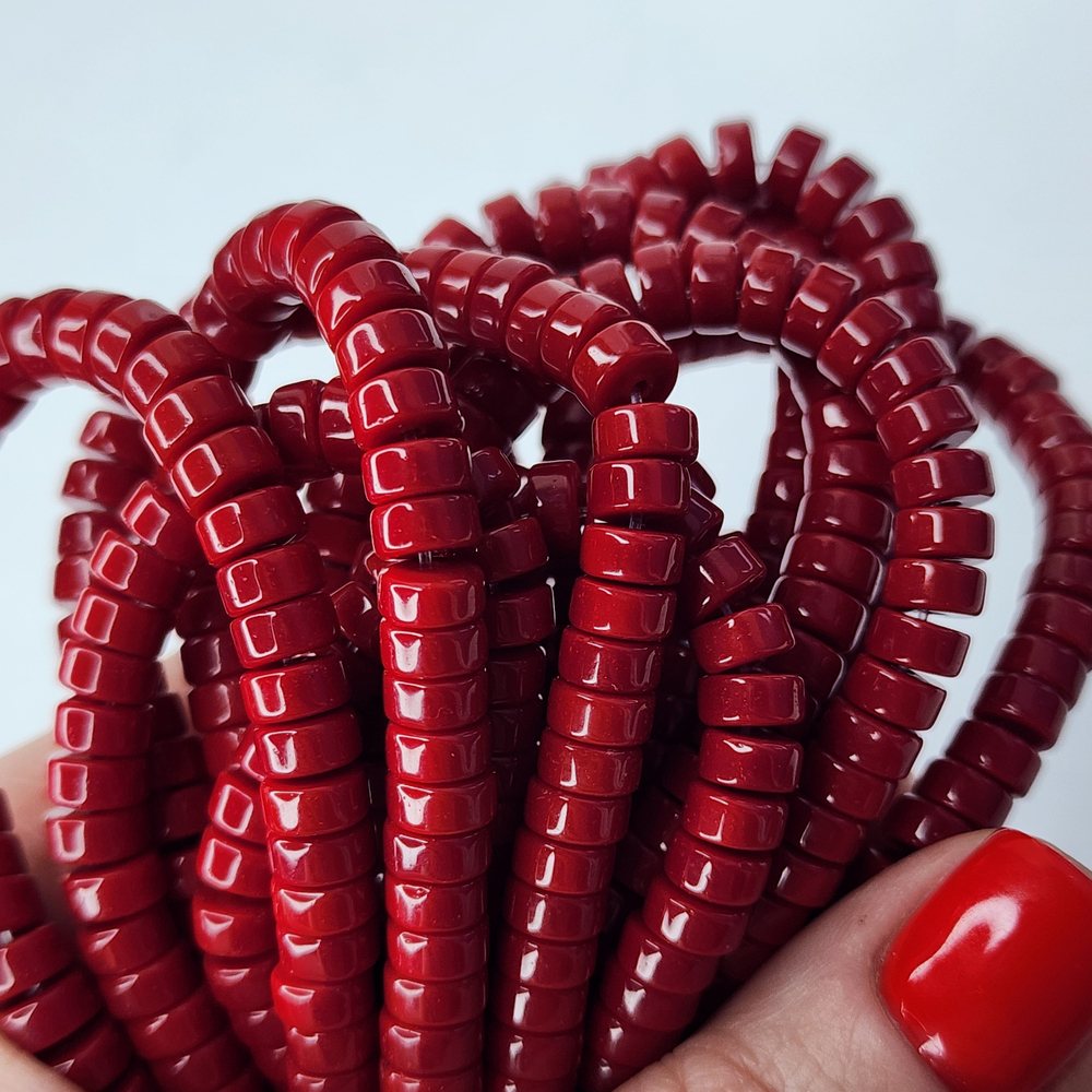 Бусины шайбы, рондель, красный, лэмпворк, стекло, р-р 6мм, цена за набор 10 шт