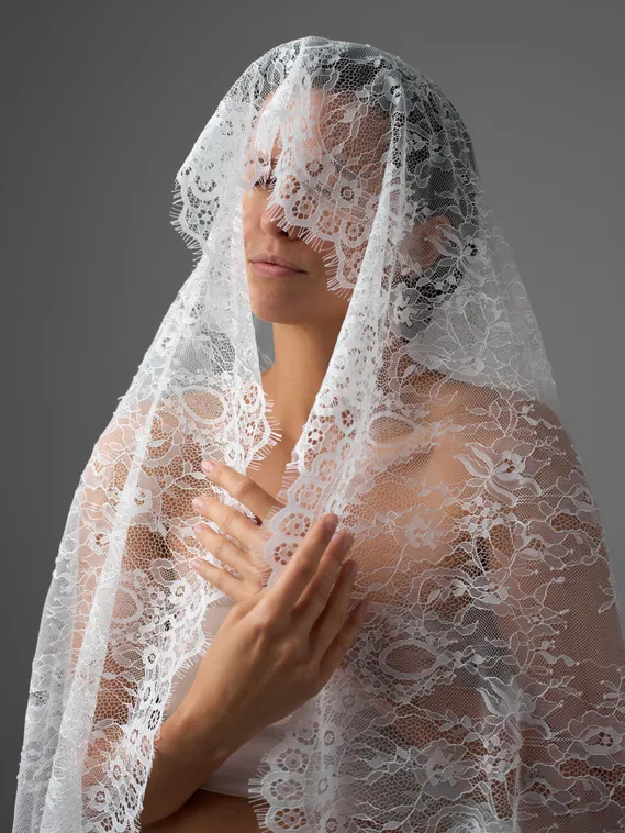 07-02 ОПТ Кружево реснички (шантильи) широкое, 75 см, айвори 004