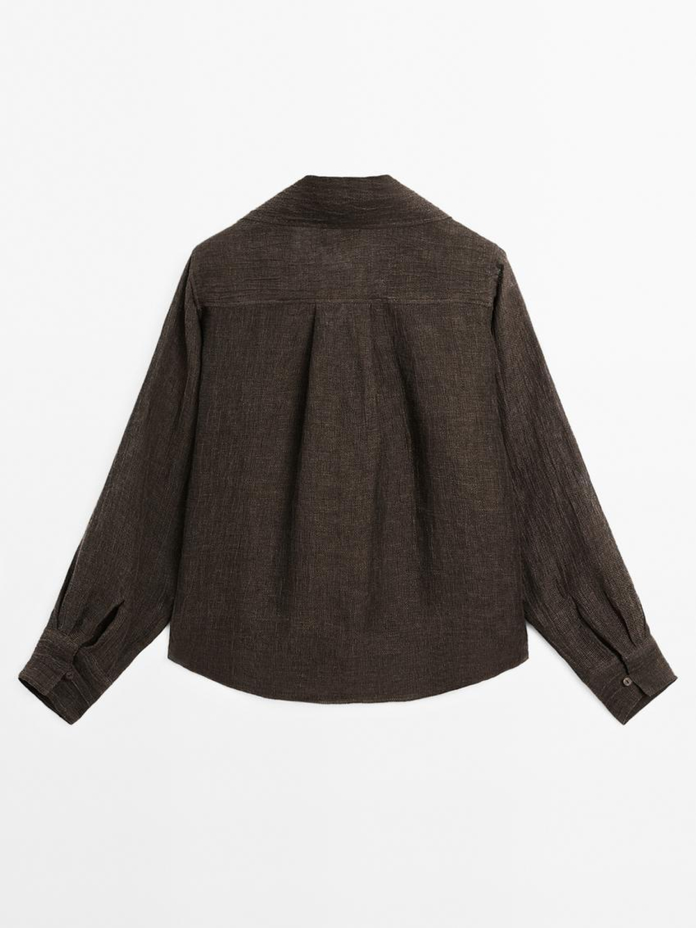 Massimo Dutti Блуза из 100% льна с деталью на груди, коричневый
