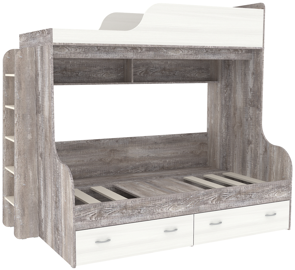 Двухъярусная кровать КарИВи Дуэт-15 с деревянной лестницей Бетон Белое Дерево