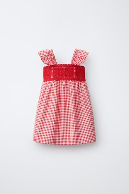 ZARA ПЛАТЬЕ В КЛЕТКУ ВИШИ С КРУЖЕВОМ КРОШЕ, КРАСНЫЙ