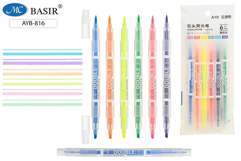 Набор текстовыделителей 2-х стор. 6 цв. прозрачный корпус, 15 см. (Basir)