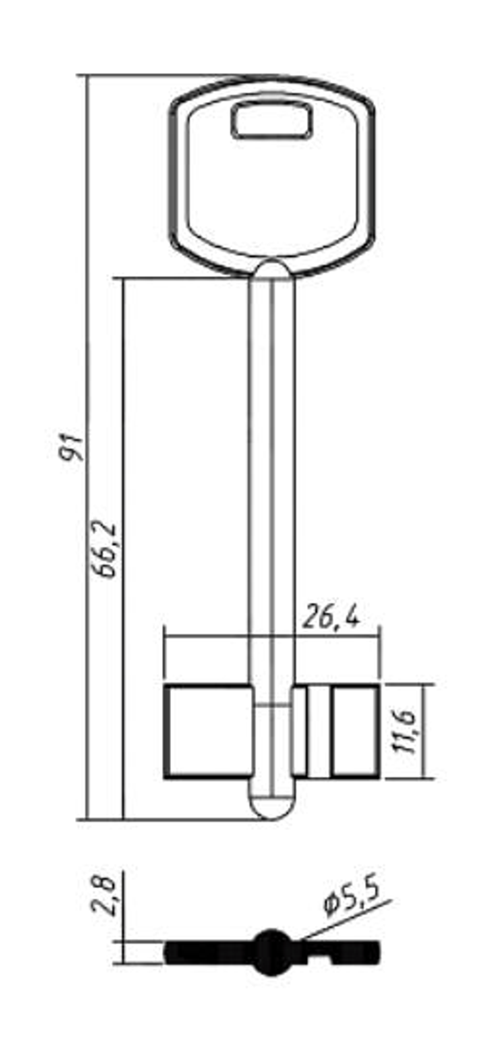 Заготовка сувальдного ключа 10505 ЗТ-2 (Зенит) 91*26,4*11,6 мм, лат., штамп.,б/п