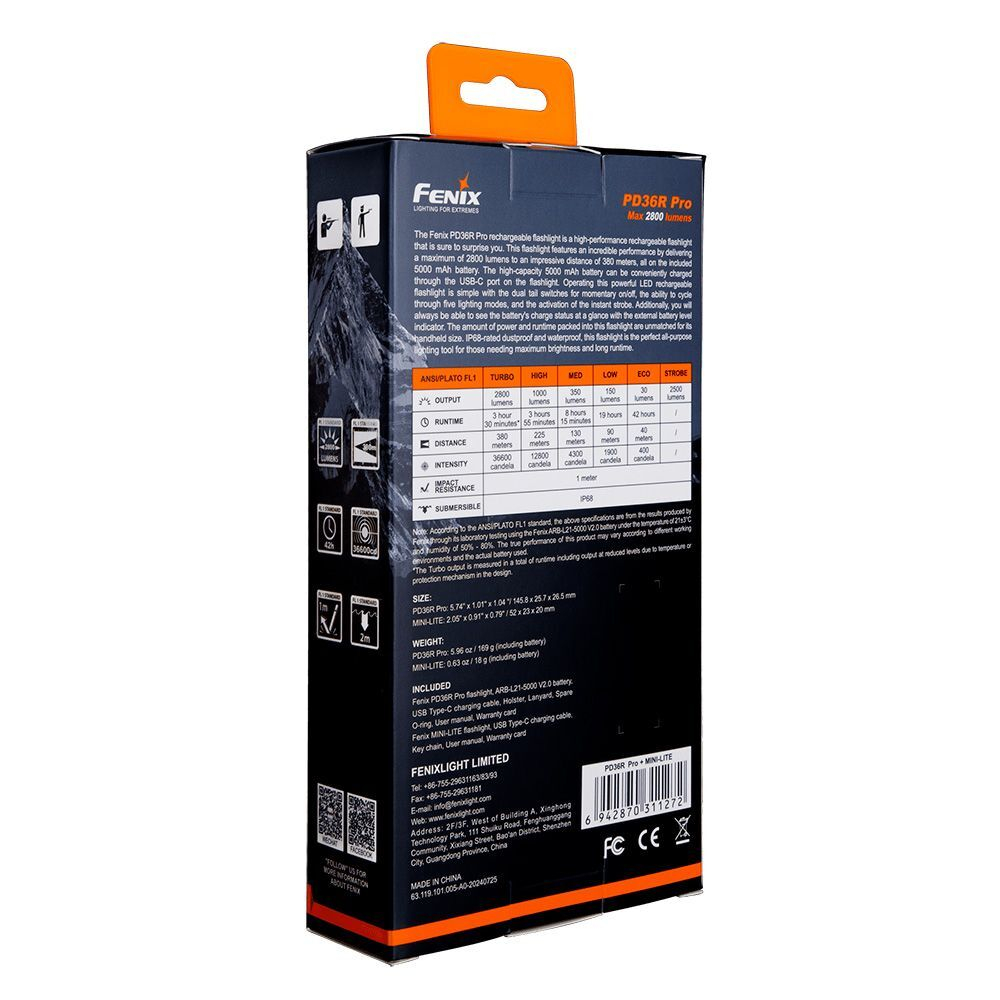Фонарь тактический Fenix PD36R Pro, фонарь MINI-LITE в комплекте