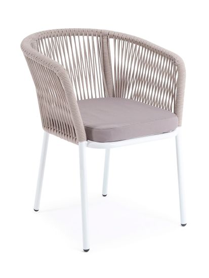 "Марсель" стул плетеный из роупа, каркас алюминий белый муар, роуп бежевый круглый, ткань бежевая 15052