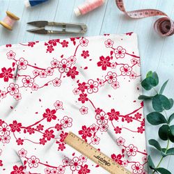 Ткань лён цветущая сакура на бежевом фоне