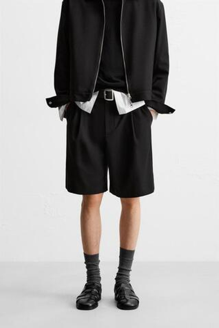 ZARA ШОРТЫ-БЕРМУДЫ RELAXED FIT СО СКЛАДКАМИ, ЧЕРНЫЙ