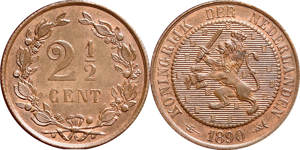 Нидерланды 2,5 цента, 1877 - 1898 Лев XF