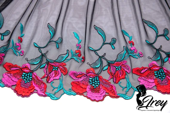 05-104 Вышивка на эл. сетке 20 см, черный/красный/розовый/ментол (левая)