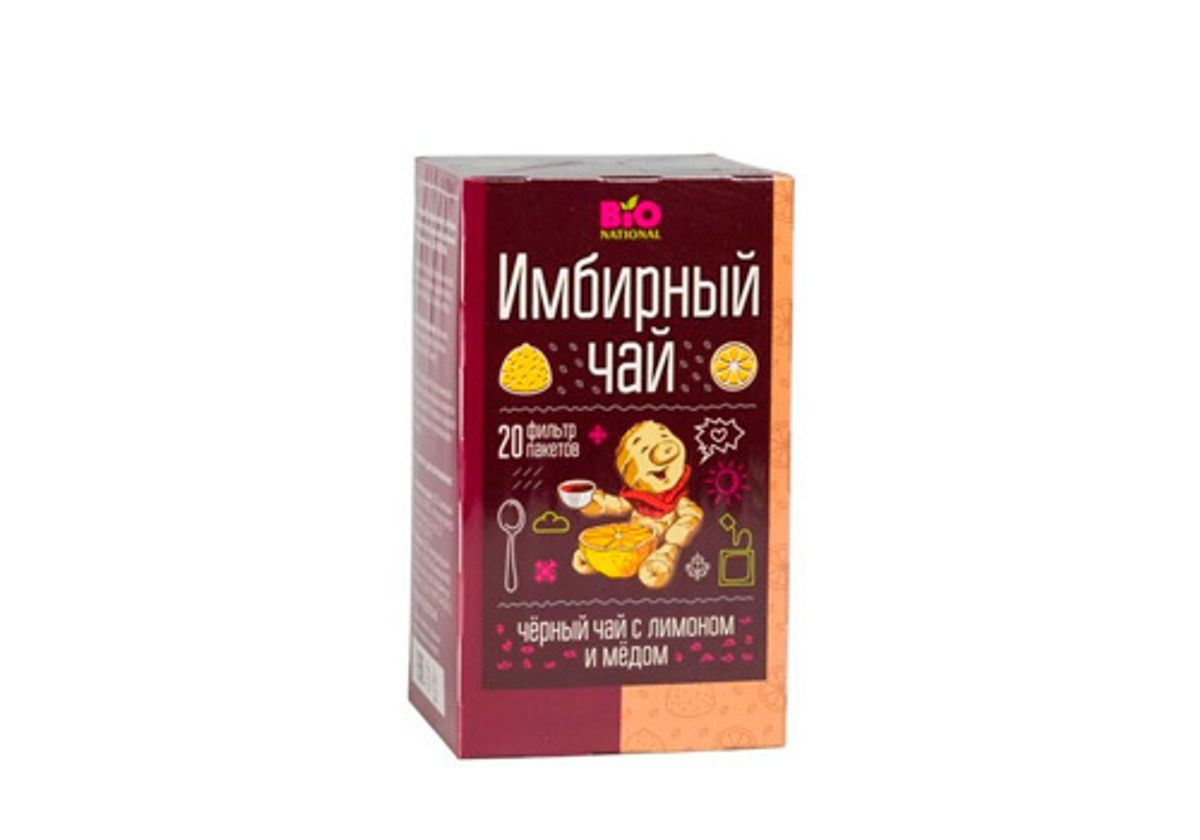 Чай имбирный черный с медом и лимоном Bionational, 34г