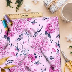 Ткань лён крупные нежные георгины на розовом фоне