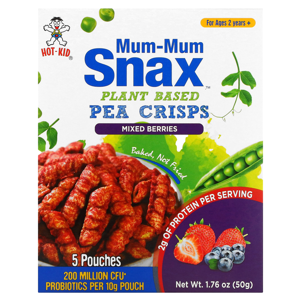 Hot Kid, Mum-Mum Snax, печеные гороховые снеки, для детей от 2 лет, ягоды, 5 пакетиков по 10 г