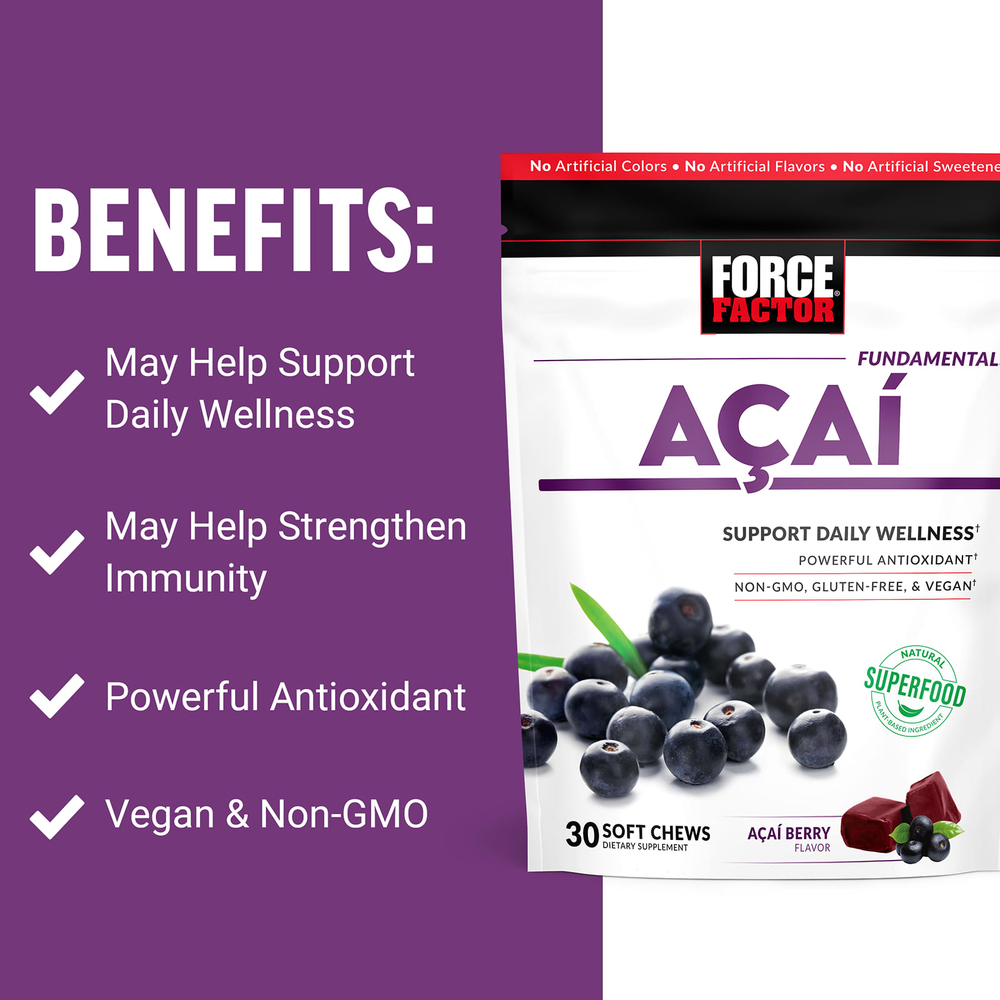 Force Factor, Fundamentals, асаи, 30 жевательных таблеток (500 мг в 1 жевательной таблетке)