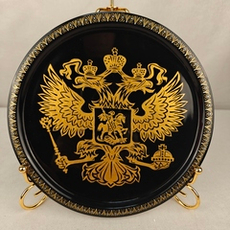 Сувенирная тарелка "Герб России" с ручной росписью (лаковая миниатюра)
