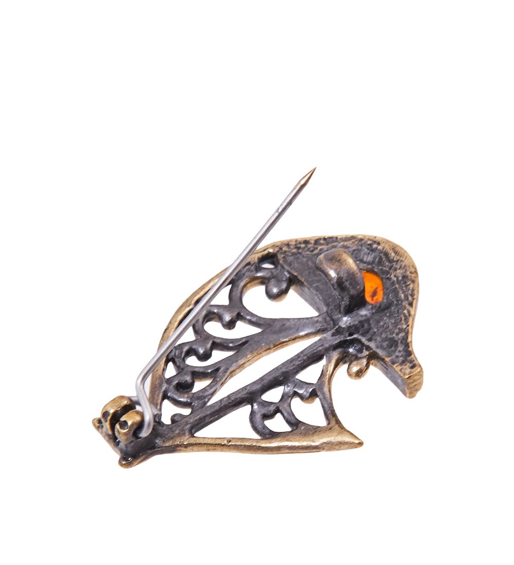 AM-3844 Брошь «Парусник Куттер» (латунь, янтарь)