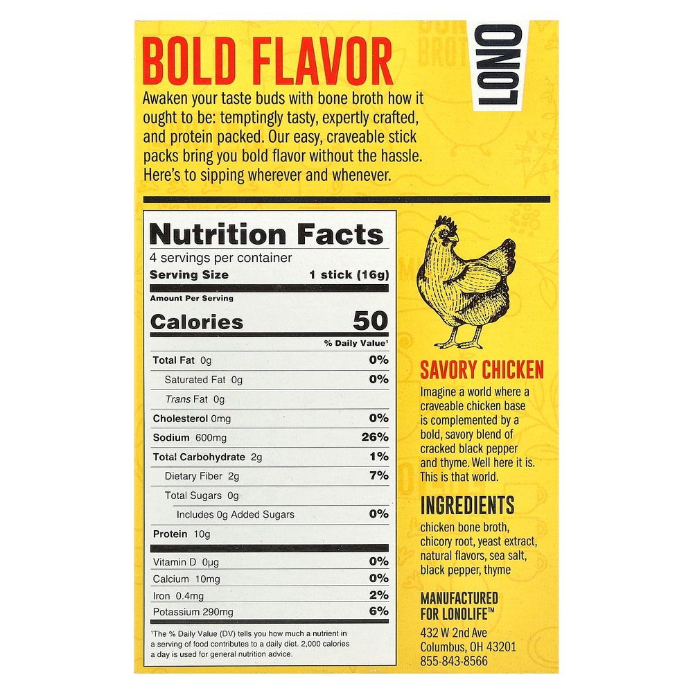 Lonolife, Бульон, куриная кость, палеодиета, 4 пакетика по 16 г (0,56 унции)