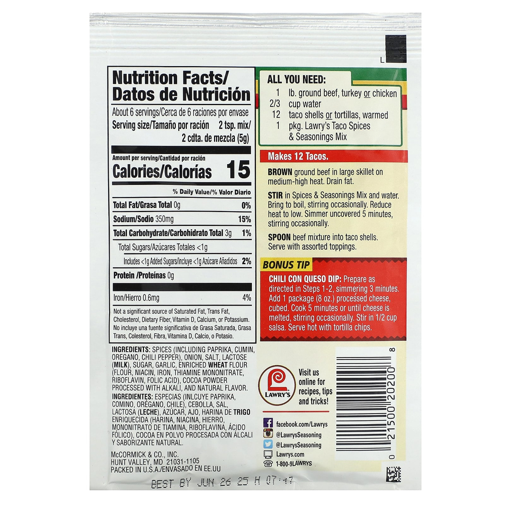 Lawry's, Taco, смесь специй и приправ, 28,3 г (1 унция)