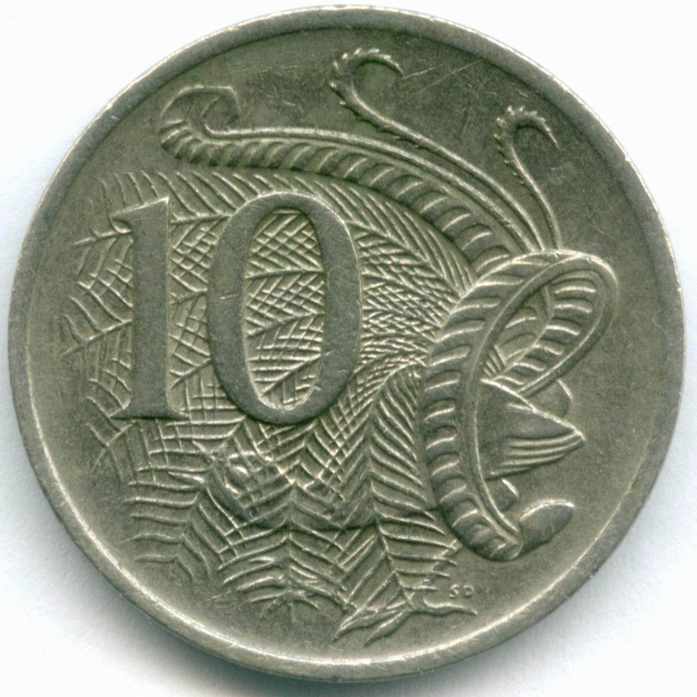 10 центов 1980 год. Австралия (Елизавета II). Птица лирохвост. Медно-никель, диаметр 23.6 мм. VF-XF