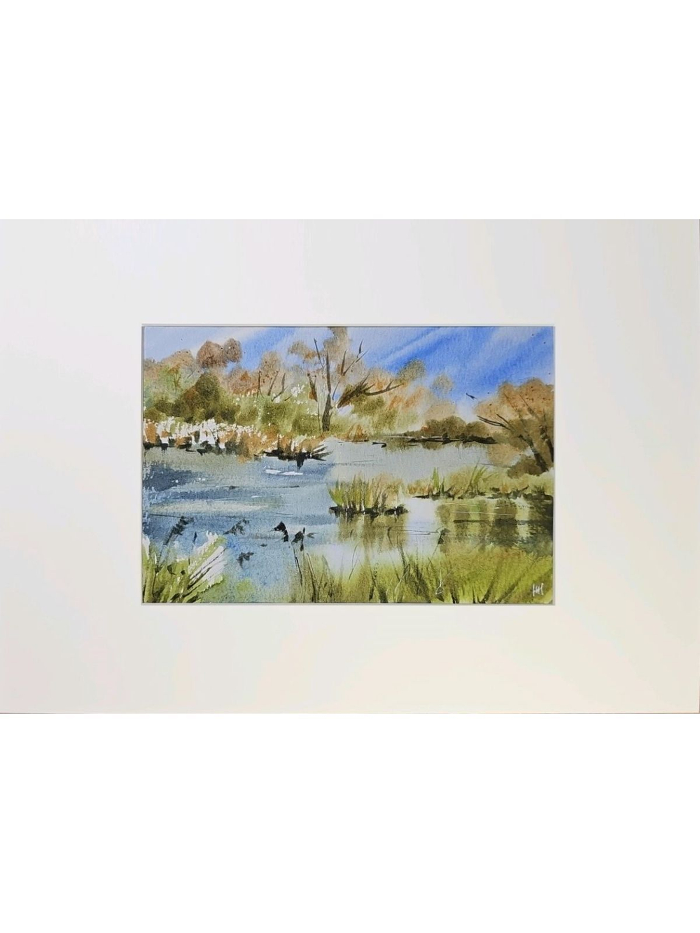 Картина авторская акварельная в паспарту 21х30 см на стену для интерьера "Река Осетр"