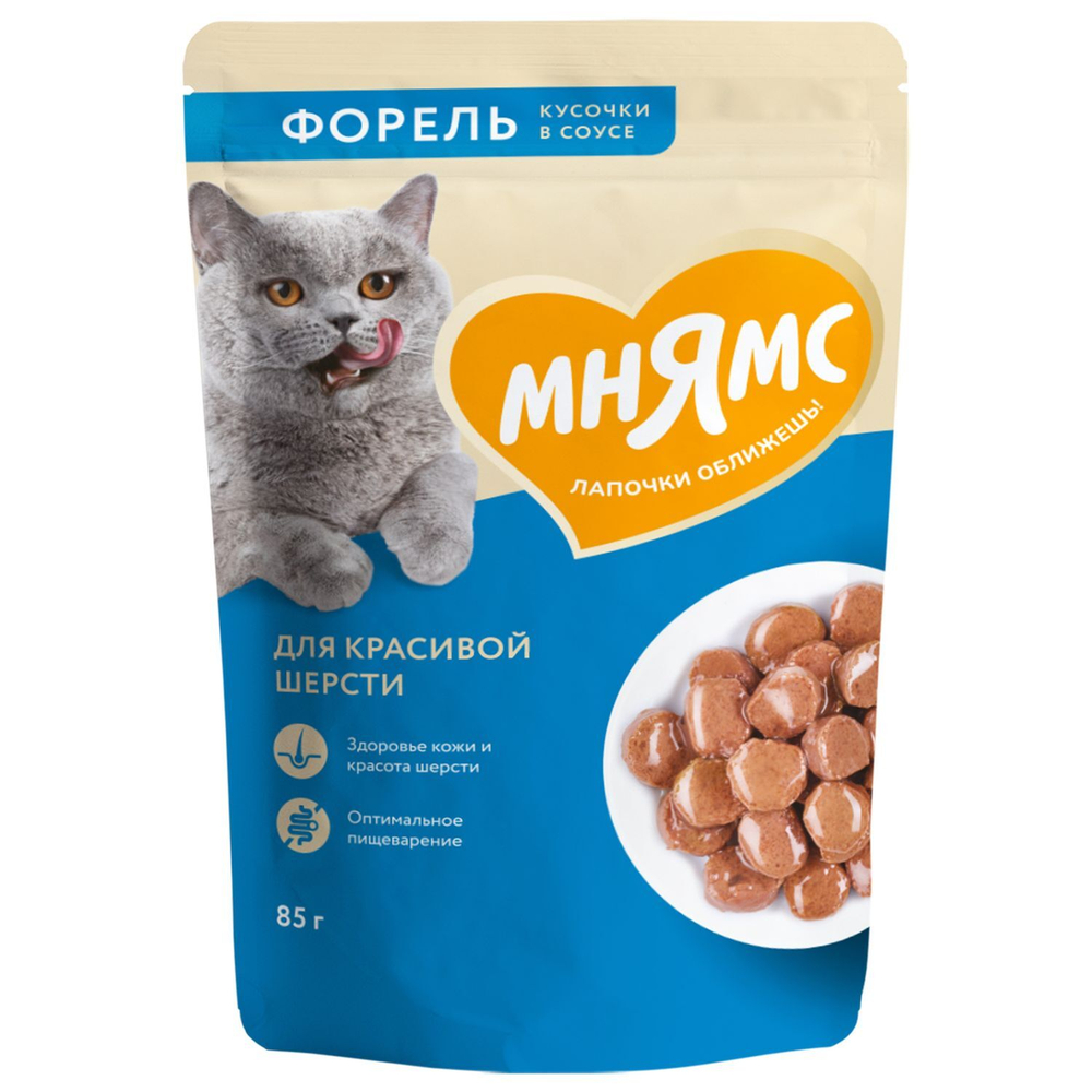 Влажный корм Мнямс Кусочки в соусе с форелью для красивой шерсти кошек 85г